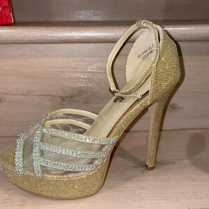 BELLA MARIE GOLD MESH RHINESTONE 5.5” HELENA PLATFORM PEEP TOE STILETTO SIZE 8